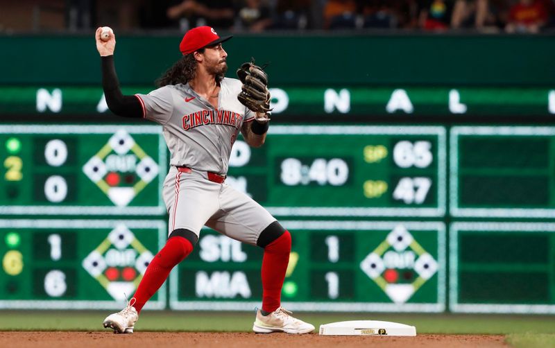 Jun 17, 2024; Pittsburgh, Pennsylvania, USA;  Cincinnati Reds second baseman Jonathan India (6) throws to first base to complete a double play against the Pittsburgh Pirates during the third inning at PNC Park. Mandatory Credit: Charles LeClaire-USA TODAY Sports