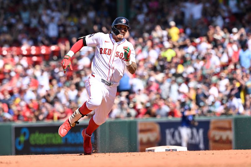 Jun 29, 2025; Boston, Massachusetts, USA; Boston Red Sox left fielder Jarren Duran (16) runs by second base after hitting a triple against the Toronto Blue Jays during the sixth inning at Fenway Park. Mandatory Credit: Eric Canha-Imagn Images