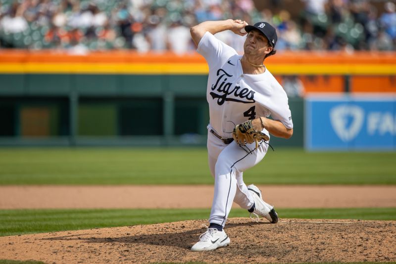 Aug 5, 2023; Detroit, Michigan, USA; Detroit Tigers relief pitcher Beau Brieske (4) throws in the ninth inning against the Tampa Bay Rays at Comerica Park. Mandatory Credit: David Reginek-USA TODAY Sports