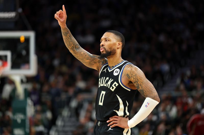 MILWAUKEE, WISCONSIN - JANUARY 26: Damian Lillard #0 of the Milwaukee Bucks walks backcourt during a game against the Cleveland Cavaliers at Fiserv Forum on January 26, 2024 in Milwaukee, Wisconsin. NOTE TO USER: User expressly acknowledges and agrees that, by downloading and or using this photograph, User is consenting to the terms and conditions of the Getty Images License Agreement. (Photo by Stacy Revere/Getty Images)