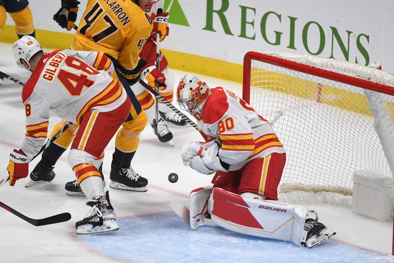 Jan 4, 2024; Nashville, Tennessee, USA; Calgary Flames goaltender Dan Vladar (80) makes a save during the first period against the Nashville Predators at Bridgestone Arena. Mandatory Credit: Christopher Hanewinckel-USA TODAY Sports