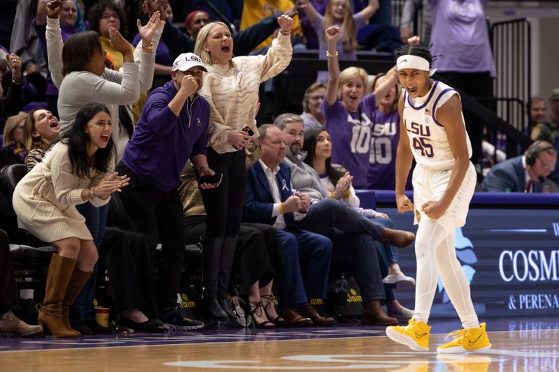 Feb 2, 2023; Baton Rouge, Louisiana, USA;  LSU Lady Tigers guard Alexis Morris (45) reacts after a three point basket against the Georgia Lady Bulldogs during overtime at Pete Maravich Assembly Center. Mandatory Credit: Stephen Lew-USA TODAY Sports