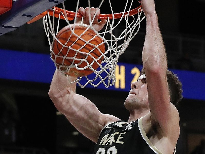 Jan 25, 2023; Pittsburgh, Pennsylvania, USA;  Wake Forest Demon Deacons forward Matthew Marsh (33) dunks against the Pittsburgh Panthers during the second half at the Petersen Events Center. Pittsburgh won 81-79. Mandatory Credit: Charles LeClaire-USA TODAY Sports