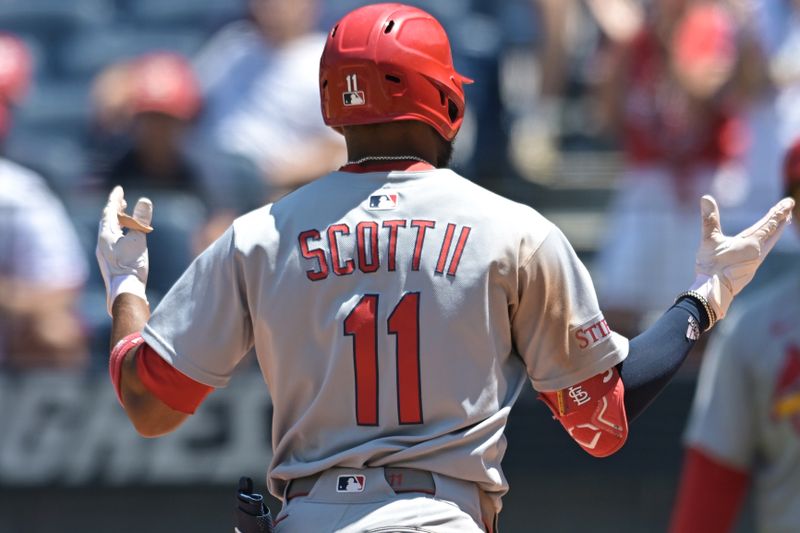 Jun 29, 2025; Cleveland, Ohio, USA; St. Louis Cardinals center fielder Victor Scott II (11) rounds the bases after hitting a home run during the seventh inning against the Cleveland Guardians at Progressive Field. Mandatory Credit: Ken Blaze-Imagn Images