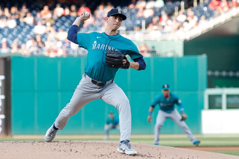 May 24, 2024; Washington, District of Columbia, USA; Seattle Mariners starting pitcher George Kirby (68) pitches against the Washington Nationals during the first inning at Nationals Park. Mandatory Credit: Geoff Burke-USA TODAY Sports