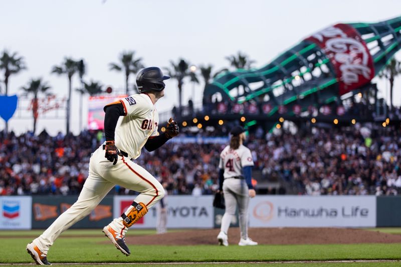 Jun 10, 2024; San Francisco, California, USA; San Francisco Giants right fielder Mike Yastrzemski (5) hits an RBI triple against the Houston Astros during the sixth inning at Oracle Park. Mandatory Credit: John Hefti-USA TODAY Sports