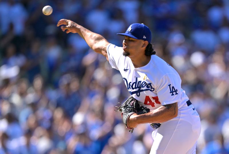 Sep 3, 2023; Los Angeles, California, USA; Los Angeles Dodgers relief pitcher Brusdar Graterol (48) earns a save in the ninth inning against the Atlanta Braves at Dodger Stadium. Mandatory Credit: Jayne Kamin-Oncea-USA TODAY Sports