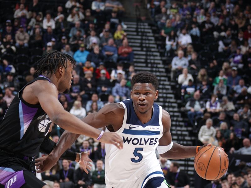 SALT LAKE CITY, UT - JANUARY 30:  Anthony Edwards #5 of the Minnesota Timberwolves dribbles the ball during the game against the Utah Jazz on January 30, 2025 at Delta Center in Salt Lake City, Utah. NOTE TO USER: User expressly acknowledges and agrees that, by downloading and or using this Photograph, User is consenting to the terms and conditions of the Getty Images License Agreement. Mandatory Copyright Notice: Copyright 2025 NBAE (Photo by Melissa Majchrzak/NBAE via Getty Images)