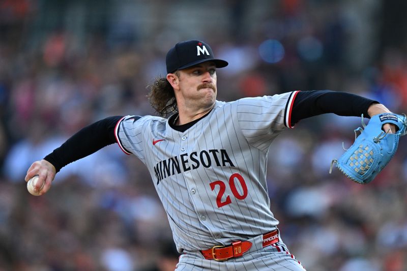 Jun 29, 2025; Detroit, Michigan, USA; Minnesota Twins starting pitcher Chris Paddack (20) throws a pitch against the Detroit Tigers in the third inning at Comerica Park. Mandatory Credit: Lon Horwedel-Imagn Images
