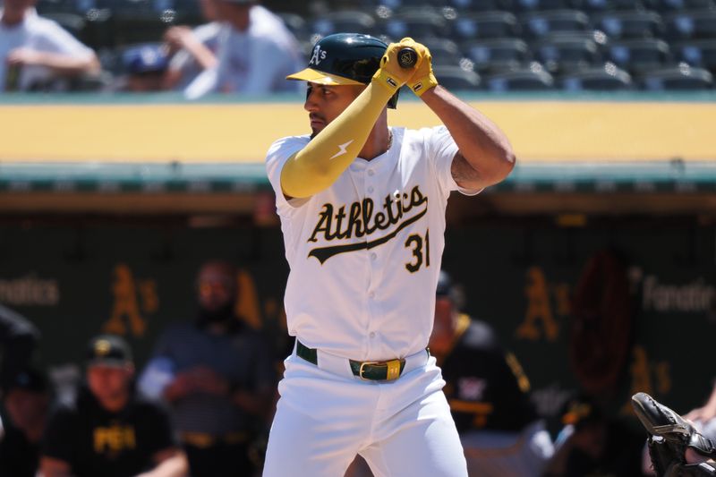 May 1, 2024; Oakland, California, USA; Oakland Athletics second baseman Abraham Toro (31) at bat against the Pittsburg Pirates during the second inning at Oakland-Alameda County Coliseum. Mandatory Credit: Kelley L Cox-USA TODAY Sports