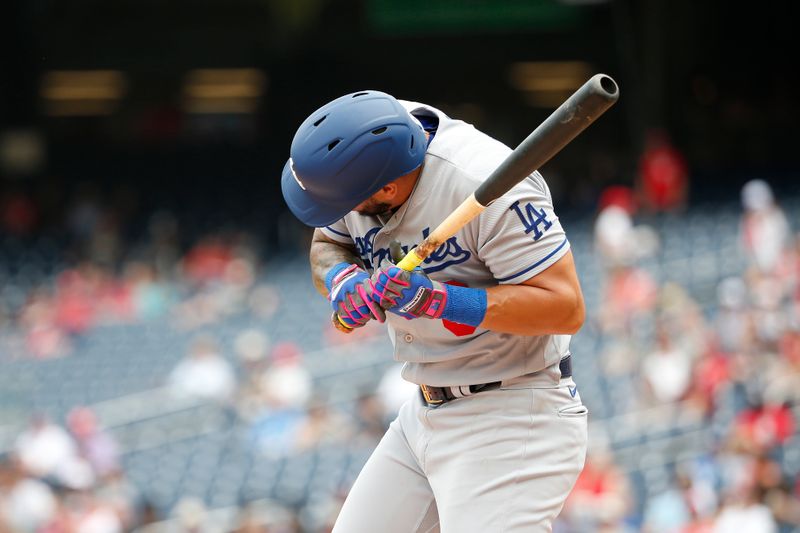 Sep 10, 2023; Washington, District of Columbia, USA; Los Angeles Dodgers left fielder David Peralta (6) is hit by a pitch from Washington Nationals starting pitcher Trevor Williams (not pictured) during the second inning at Nationals Park. Mandatory Credit: Amber Searls-USA TODAY Sports