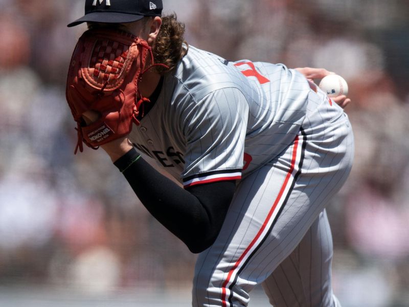 Jul 14, 2024; San Francisco, California, USA; Minnesota Twins starting pitcher Chris Paddack (20) looks in for the sign during the second inning against the San Francisco Giants at Oracle Park. Mandatory Credit: D. Ross Cameron-USA TODAY Sports
