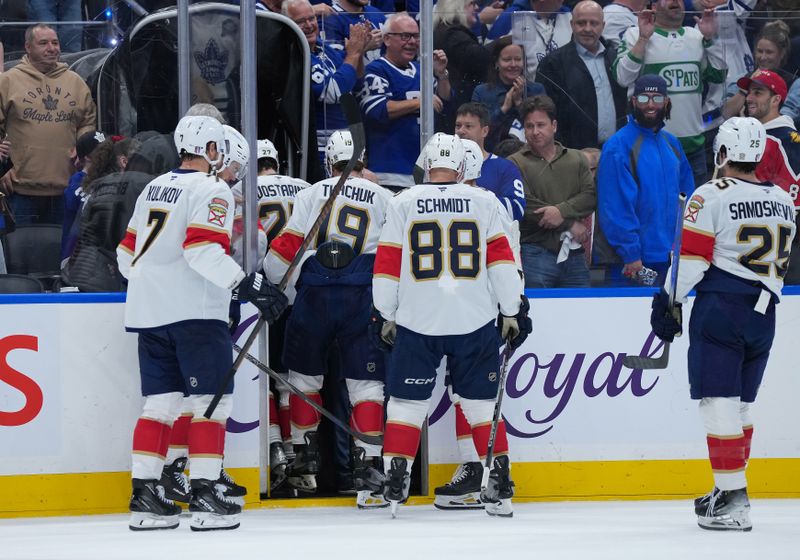 May 7, 2025; Toronto, Ontario, CAN; The Florida Panthers players skate off the ice after losing to the Toronto Maple Leafs at the end of the third period in game two of the second round of the 2025 Stanley Cup Playoffs at Scotiabank Arena. Mandatory Credit: Nick Turchiaro-Imagn Images
