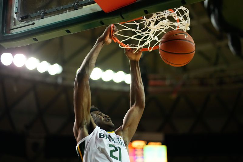 Nov 28, 2023; Waco, Texas, USA; Baylor Bears center Yves Missi (21) dunks against the Nicholls State Colonels during the first half at Ferrell Center. Mandatory Credit: Chris Jones-USA TODAY Sports