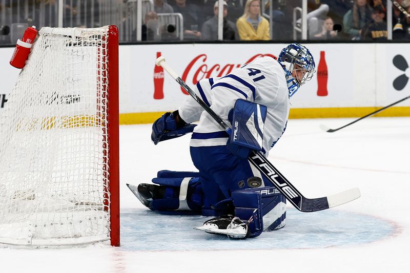 Oct 26, 2024; Boston, Massachusetts, USA; Toronto Maple Leafs goaltender Anthony Stolarz (41) makes a save against the Boston Bruins during the first period at TD Garden. Mandatory Credit: Winslow Townson-Imagn Images