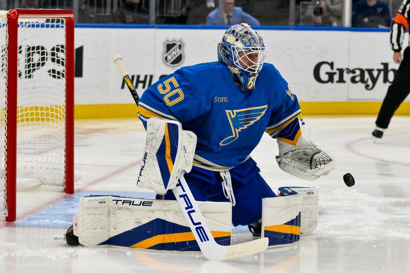 Nov 9, 2024; St. Louis, Missouri, USA;  St. Louis Blues goaltender Jordan Binnington (50) defends the net against the Washington Capitals during the first period at Enterprise Center. Mandatory Credit: Jeff Curry-Imagn Images