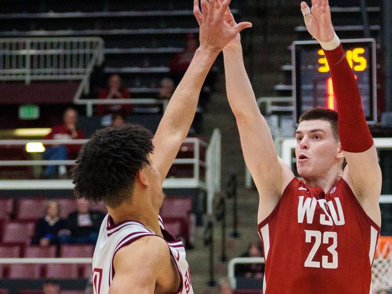 Feb 23, 2023; Stanford, California, USA;  Washington State Cougars forward Andrej Jakimovski (23) makes a there point basket during the second half at Maples Pavilion. Mandatory Credit: Neville E. Guard-USA TODAY Sports