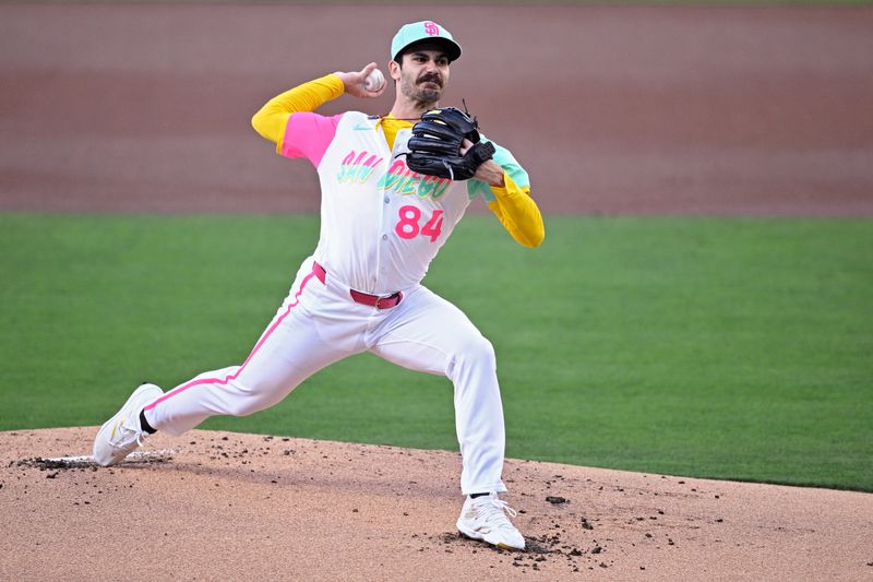 Jun 21, 2024; San Diego, California, USA; San Diego Padres starting pitcher Dylan Cease (84) pitches against the Milwaukee Brewers during the first inning at Petco Park. Mandatory Credit: Orlando Ramirez-USA TODAY Sports