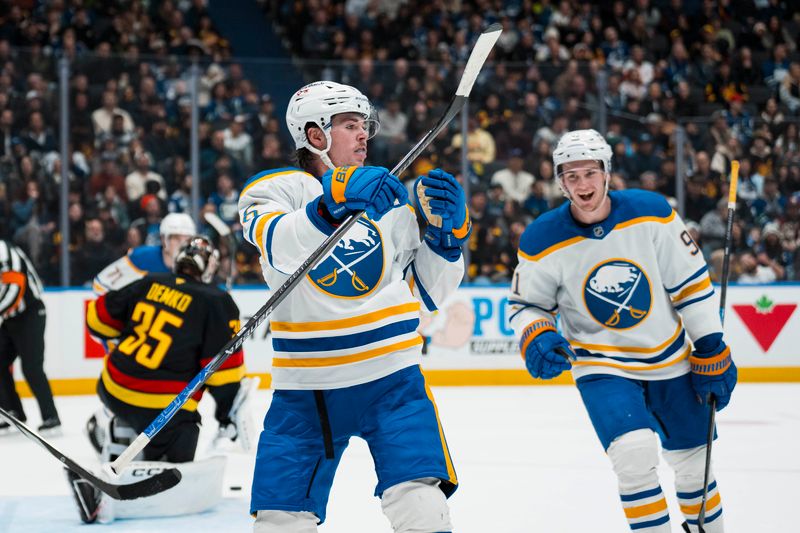 Dec 11, 2025; Vancouver, British Columbia, CAN; Buffalo Sabres forward Josh Doan (91) and forward Zach Benson (6) celebrate Benson’s goal against the Vancouver Canucks in the second period at Rogers Arena. Mandatory Credit: Bob Frid-Imagn Images