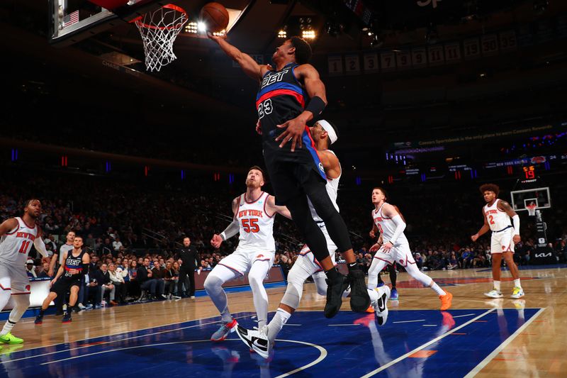 NEW YORK, NY - MARCH 25:  Jaden Ivey #23 of the Detroit Pistons drives to the basket during the game against the New York Knicks on March 25, 2024 at Madison Square Garden in New York City, New York.  NOTE TO USER: User expressly acknowledges and agrees that, by downloading and or using this photograph, User is consenting to the terms and conditions of the Getty Images License Agreement. Mandatory Copyright Notice: Copyright 2024 NBAE  (Photo by David L. Nemec /NBAE via Getty Images)