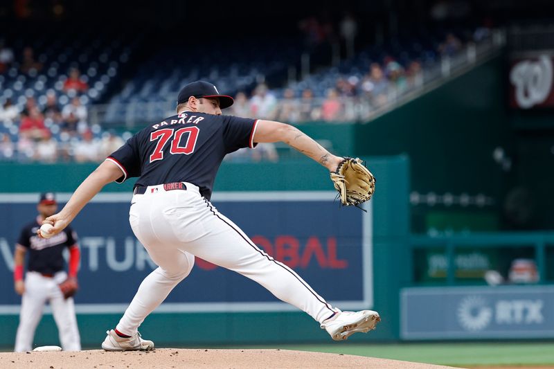 Jul 24, 2024; Washington, District of Columbia, USA; Washington Nationals starting pitcher Mitchell Parker (70) pitches against the San Diego Padres during the first inning at Nationals Park. Mandatory Credit: Geoff Burke-USA TODAY Sports