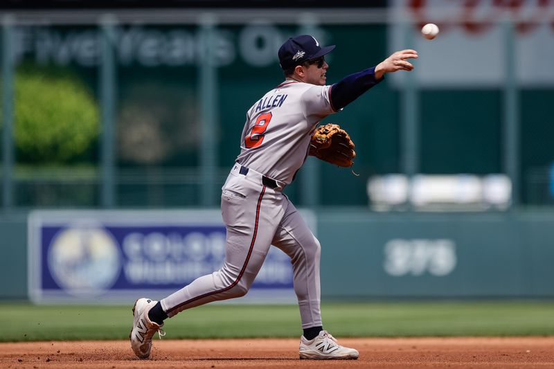 Apr 30, 2025; Denver, Colorado, USA; Atlanta Braves shortstop Nick Allen (2) throws to first for an out in the second inning against the Colorado Rockies at Coors Field. Mandatory Credit: Isaiah J. Downing-Imagn Images