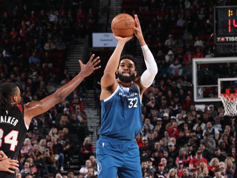 PORTLAND, OR - FEBRUARY 15: Karl-Anthony Towns #32 of the Minnesota Timberwolves shoots the ball during the game against the Portland Trail Blazers on February 15, 2024 at the Moda Center Arena in Portland, Oregon. NOTE TO USER: User expressly acknowledges and agrees that, by downloading and or using this photograph, user is consenting to the terms and conditions of the Getty Images License Agreement. Mandatory Copyright Notice: Copyright 2024 NBAE (Photo by Cameron Browne/NBAE via Getty Images)