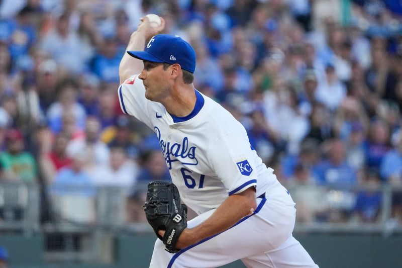 Jun 10, 2024; Kansas City, Missouri, USA; Kansas City Royals starting pitcher Seth Lugo (67) delivers a pitch against the New York Yankees in the first inning at Kauffman Stadium. Mandatory Credit: Denny Medley-USA TODAY Sports