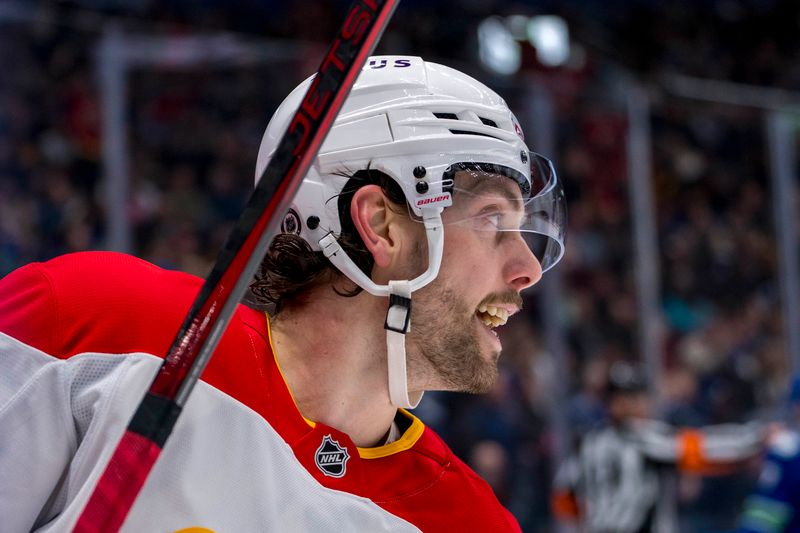 Nov 12, 2024; Vancouver, British Columbia, CAN; Calgary Flames forward Justin Kirkland (58) celebrates his goal against the Vancouver Canucks during the first period at Rogers Arena. Mandatory Credit: Bob Frid-Imagn Images