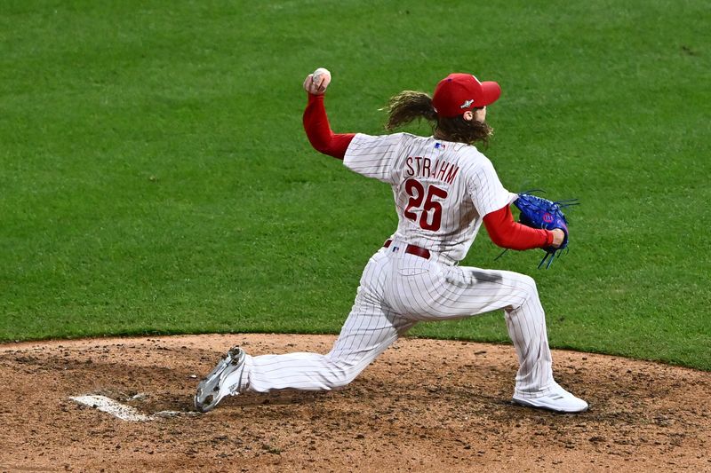 Oct 24, 2023; Philadelphia, Pennsylvania, USA; Philadelphia Phillies relief pitcher Matt Strahm (25) throws a pitch against the Arizona Diamondbacks in the ninth inning during game seven of the NLCS for the 2023 MLB playoffs at Citizens Bank Park. Mandatory Credit: Kyle Ross-USA TODAY Sports