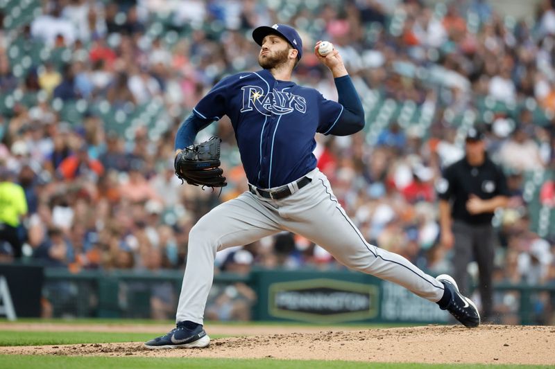 Aug 6, 2023; Detroit, Michigan, USA; Tampa Bay Rays relief pitcher Colin Poche (38) pitches in the fourth inning against the Detroit Tigers at Comerica Park. Mandatory Credit: Rick Osentoski-USA TODAY Sports