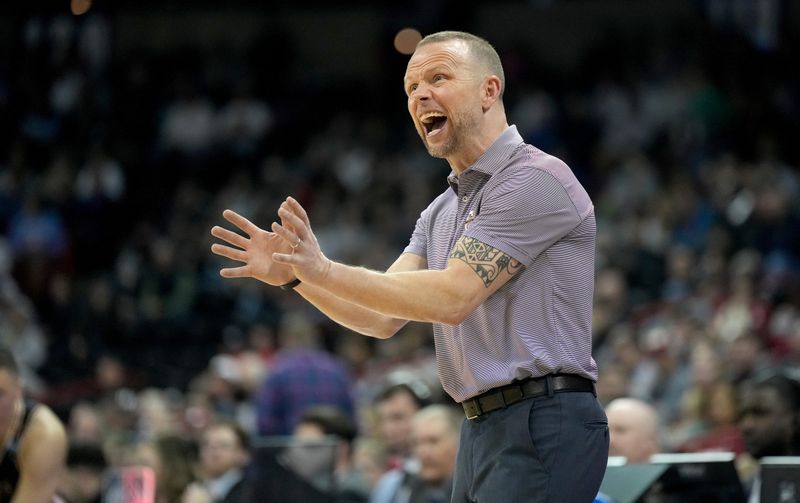 Mar 22, 2024; Spokane, WA, USA; Charleston Cougars head coach Pat Kelsey during the first half in the first round of the 2024 NCAA Tournament against the Charleston Cougars at Spokane Veterans Memorial Arena. Mandatory Credit: Kirby Lee-USA TODAY Sports 