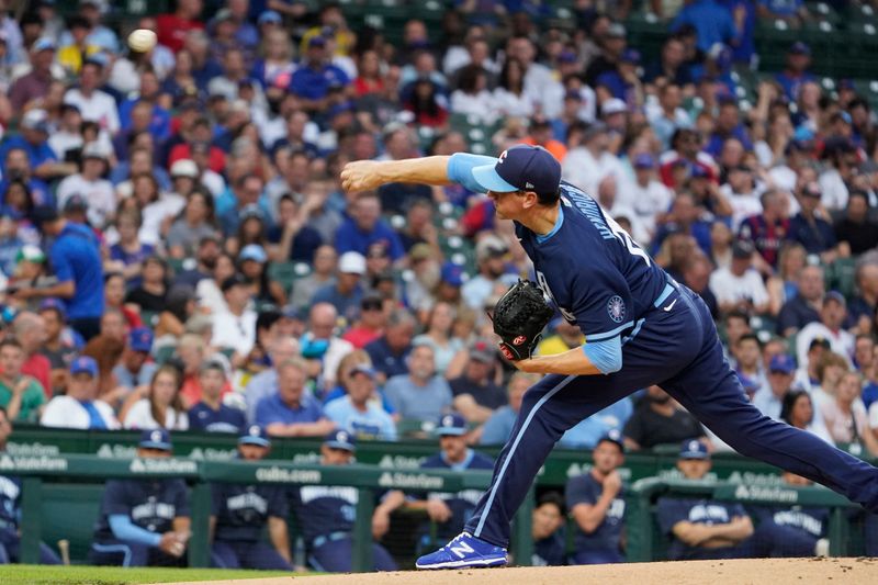 Jul 14, 2023; Chicago, Illinois, USA; Chicago Cubs starting pitcher Kyle Hendricks (28) pitches against the Boston Red Sox during the first inning at Wrigley Field. Mandatory Credit: David Banks-USA TODAY Sports