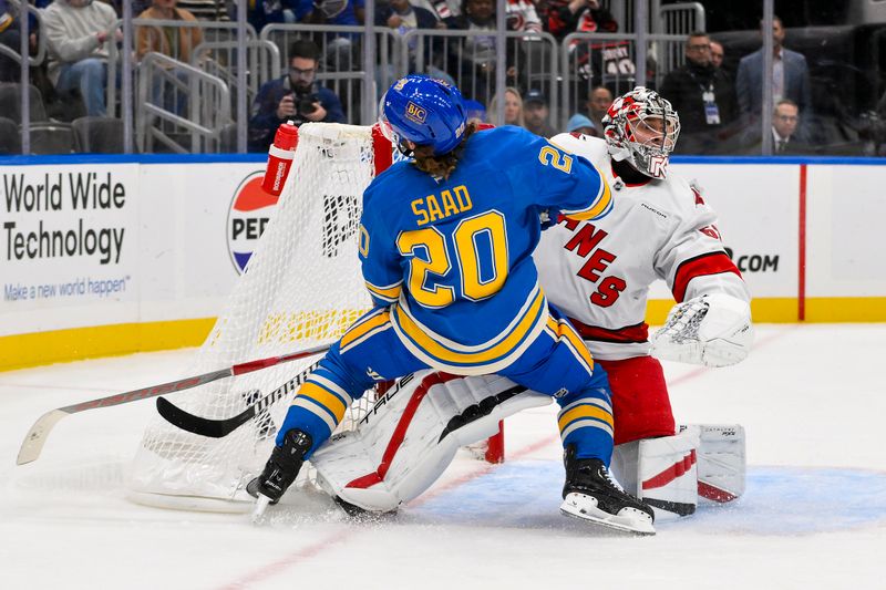 Oct 19, 2024; St. Louis, Missouri, USA;  St. Louis Blues left wing Brandon Saad (20) collides with Carolina Hurricanes goaltender Pyotr Kochetkov (52) during the second period at Enterprise Center. Mandatory Credit: Jeff Curry-Imagn Images