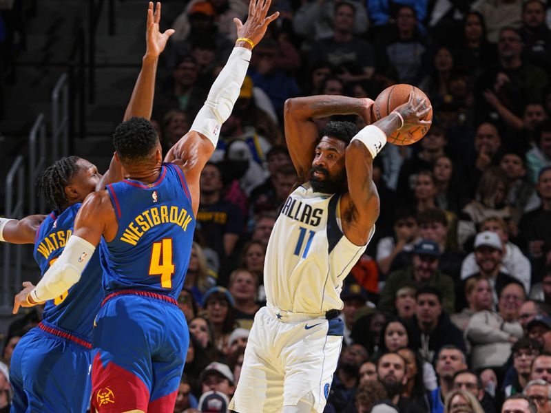 DENVER, CO - NOVEMBER 22: Kyrie Irving #11 of the Dallas Mavericks passes the ball during the game against the Denver Nuggets during the Emirates NBA Cup game on November 22, 2024 at Ball Arena in Denver, Colorado. NOTE TO USER: User expressly acknowledges and agrees that, by downloading and/or using this Photograph, user is consenting to the terms and conditions of the Getty Images License Agreement. Mandatory Copyright Notice: Copyright 2024 NBAE (Photo by Garrett Ellwood/NBAE via Getty Images)