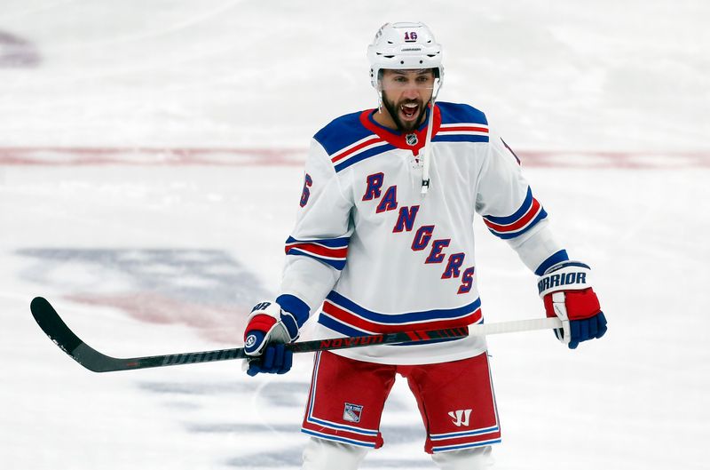 Oct 9, 2024; Pittsburgh, Pennsylvania, USA;  New York Rangers center Vincent Trocheck (16) warms up before the game against the Pittsburgh Penguins at PPG Paints Arena. Mandatory Credit: Charles LeClaire-Imagn Images