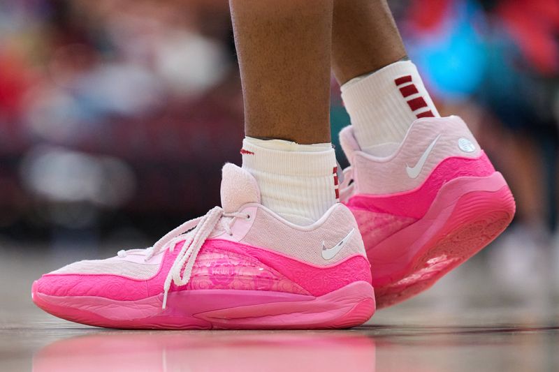 Jan 18, 2024; Stanford, California, USA; Nike shoes worn by Washington State Cougars forward Isaac Jones (13) are seen during the second half against the Stanford Cardinal at Maples Pavilion. Mandatory Credit: Robert Edwards-USA TODAY Sports