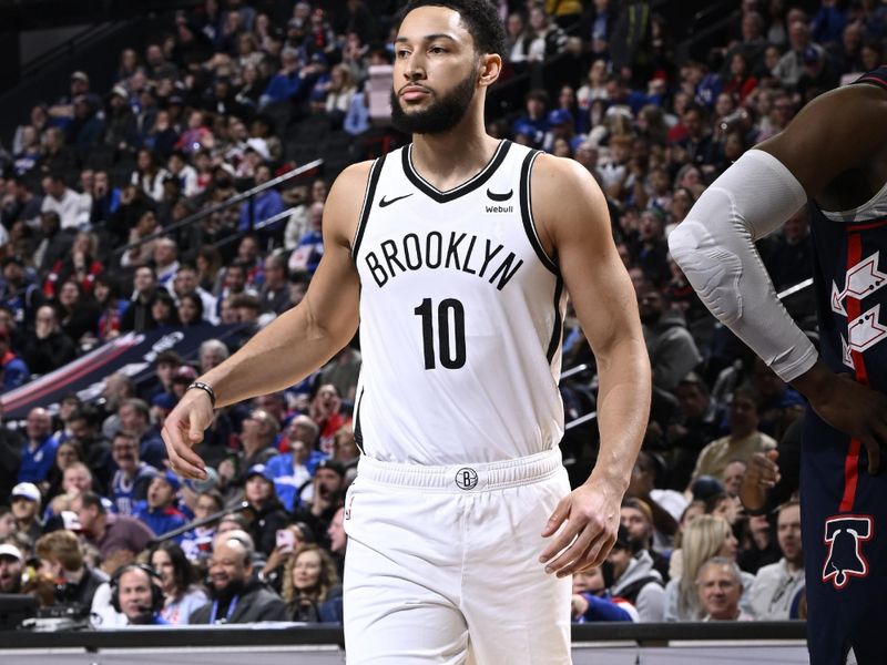 PHILADELPHIA, PA - FEBRUARY 3:  Ben Simmons #10 of the Brooklyn Nets looks on during the game against the Philadelphia 76ers on February 3, 2024 at the Wells Fargo Center in Philadelphia, Pennsylvania NOTE TO USER: User expressly acknowledges and agrees that, by downloading and/or using this Photograph, user is consenting to the terms and conditions of the Getty Images License Agreement. Mandatory Copyright Notice: Copyright 2024 NBAE (Photo by David Dow/NBAE via Getty Images)