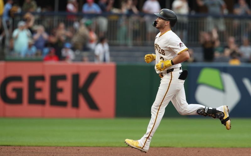 Jun 30, 2025; Pittsburgh, Pennsylvania, USA;  Pittsburgh Pirates first baseman Spencer Horwitz (2) circles the bases on a solo home run against the St. Louis Cardinals during the first inning at PNC Park. Mandatory Credit: Charles LeClaire-Imagn Images