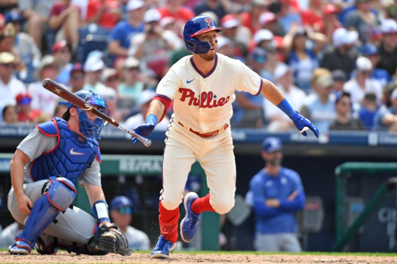 Jun 11, 2023; Philadelphia, Pennsylvania, USA; Philadelphia Phillies first baseman Kody Clemens (23) hits an RBI single against the Los Angeles Dodgers during the seventh inning at Citizens Bank Park. Mandatory Credit: Eric Hartline-USA TODAY Sports