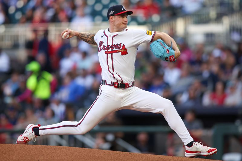 May 5, 2025; Atlanta, Georgia, USA; Atlanta Braves starting pitcher AJ Smith-Shawver (32) throws against the Cincinnati Reds in the second inning at Truist Park. Mandatory Credit: Brett Davis-Imagn Images