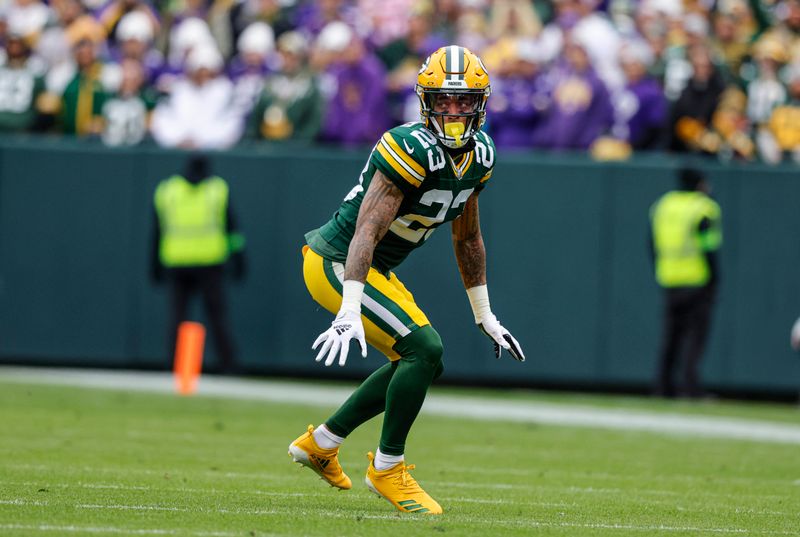 Green Bay Packers cornerback Jaire Alexander (23) plays defense during an NFL football game against the Minnesota Vikings Sunday, Oct. 29, 2023, in Green Bay, Wis. (AP Photo/Jeffrey Phelps)