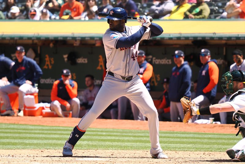 May 25, 2024; Oakland, California, USA; Houston Astros designated hitter Yordan Alvarez (44) at bat Oakland Athletics during the sixth inning at Oakland-Alameda County Coliseum. Mandatory Credit: Kelley L Cox-USA TODAY Sports