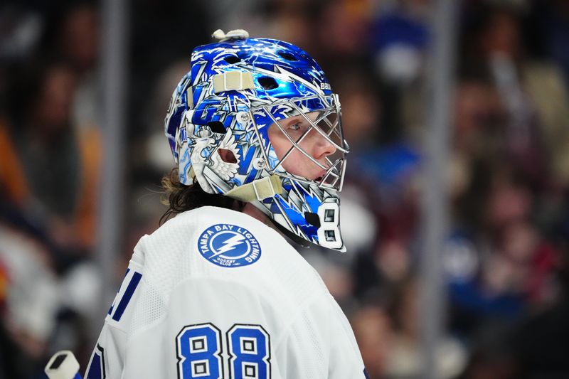 Nov 27, 2023; Denver, Colorado, USA; Tampa Bay Lightning goaltender Andrei Vasilevskiy (88) during the second period against the Colorado Avalanche at Ball Arena. Mandatory Credit: Ron Chenoy-USA TODAY Sports