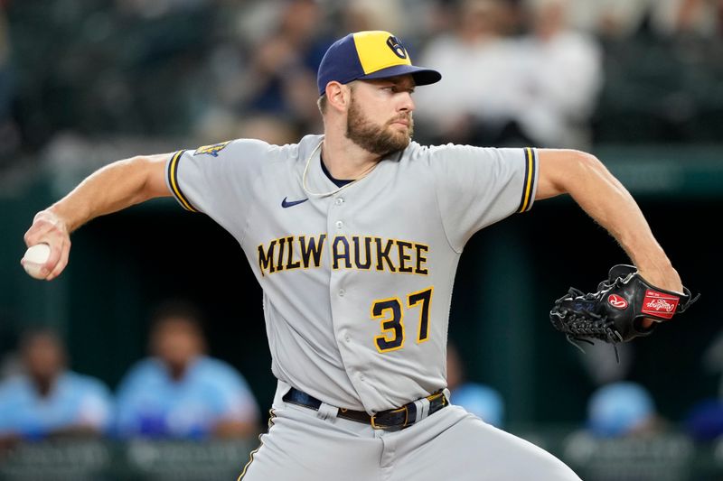 Aug 20, 2023; Arlington, Texas, USA; Milwaukee Brewers starting pitcher Adrian Houser (37) delivers a pitch to the Texas Rangers during the first inning at Globe Life Field. Mandatory Credit: Jim Cowsert-USA TODAY Sports