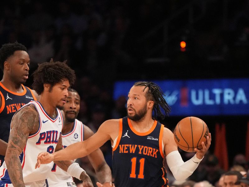 NEW YORK, NY - FEBRUARY 26:  Jalen Brunson #11 of the New York Knicks handles the ball during the game against the Philadelphia 76ers on February 26, 2025 at Madison Square Garden in New York City, New York.  NOTE TO USER: User expressly acknowledges and agrees that, by downloading and or using this photograph, User is consenting to the terms and conditions of the Getty Images License Agreement. Mandatory Copyright Notice: Copyright 2025 NBAE  (Photo by Jesse D. Garrabrant/NBAE via Getty Images)