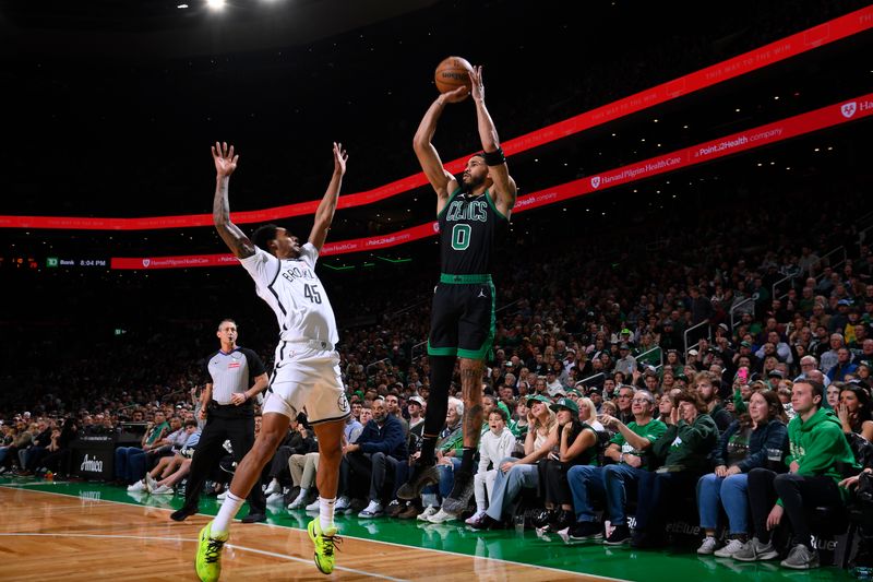 BOSTON, MA - NOVEMBER 8: Jayson Tatum #0 of the Boston Celtics shoots a three point basket during the game against the Brooklyn Nets on November 8, 2024 at TD Garden in Boston, Massachusetts. NOTE TO USER: User expressly acknowledges and agrees that, by downloading and/or using this Photograph, user is consenting to the terms and conditions of the Getty Images License Agreement. Mandatory Copyright Notice: Copyright 2024 NBAE (Photo by Brian Babineau/NBAE via Getty Images)