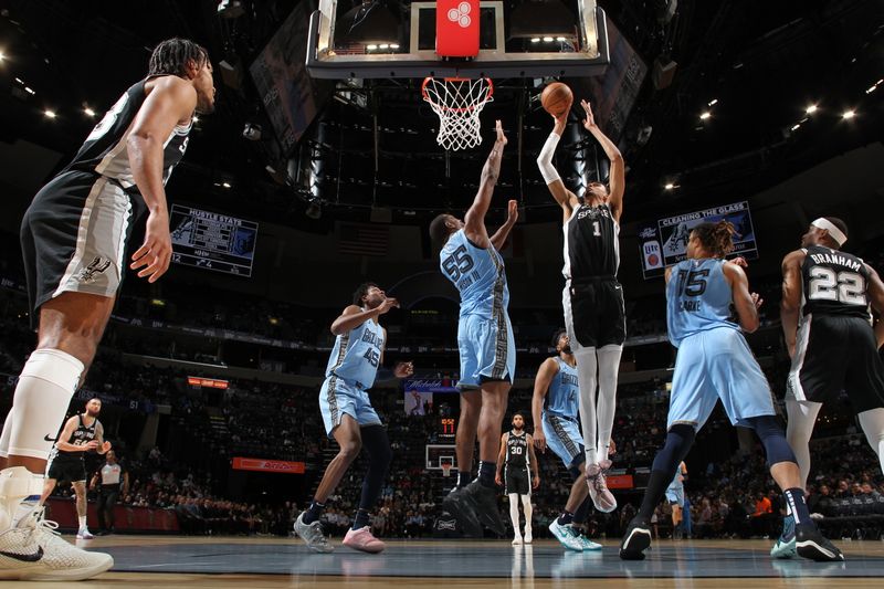 MEMPHIS, TN - APRIL 9: Victor Wembanyama #1 of the San Antonio Spurs drives to the basket during the game against the Memphis Grizzlies on April 9, 2024 at FedExForum in Memphis, Tennessee. NOTE TO USER: User expressly acknowledges and agrees that, by downloading and or using this photograph, User is consenting to the terms and conditions of the Getty Images License Agreement. Mandatory Copyright Notice: Copyright 2024 NBAE (Photo by Joe Murphy/NBAE via Getty Images)