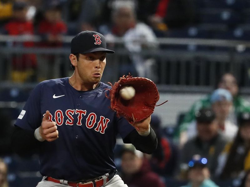 Apr 19, 2024; Pittsburgh, Pennsylvania, USA;  Boston Red Sox first basemn Triston Casas (36) takes a throw to retire Pittsburgh Pirates shortstop Oneil Cruz (not pictured) during the fifth inning at PNC Park. Mandatory Credit: Charles LeClaire-USA TODAY Sports