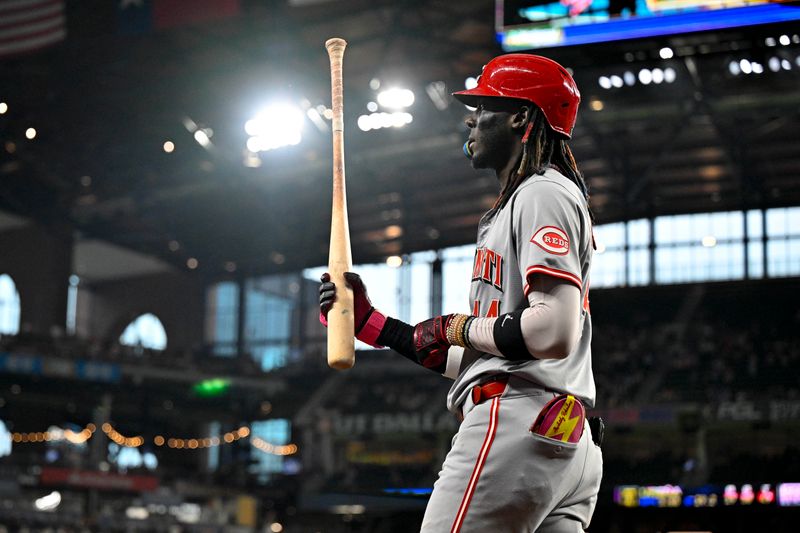 Apr 27, 2024; Arlington, Texas, USA; Cincinnati Reds shortstop Elly De La Cruz (44) walks off the field after striking out against the Texas Rangers during the ninth inning at Globe Life Field. Mandatory Credit: Jerome Miron-USA TODAY Sports